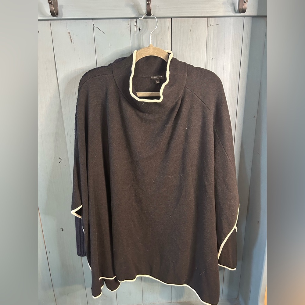 Talbots Black Poncho Knit Sweater with Mock Neck & White Trim - Size 1X